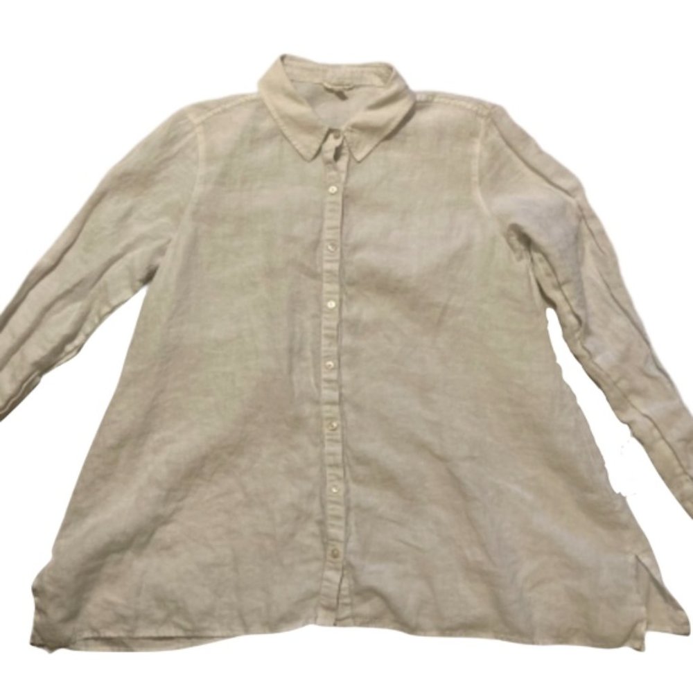 Eileen Fisher White Button Down Long sleeve Linen Collared Shirt